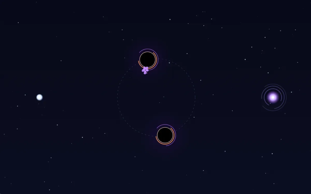 Orbital Golf — two black holes bending a golf shot around a dashed guide circle toward a glowing wormhole goal.